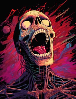 Horror theme skeleton screaming into the void. Creepy open-mouthed skull with abstract background. Nightmarish skull-like creature in vibrant, gory colors.