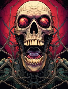 Horror theme skeleton screaming into the void. Creepy open-mouthed skull with abstract background. Nightmarish skull-like creature in vibrant, gory colors.