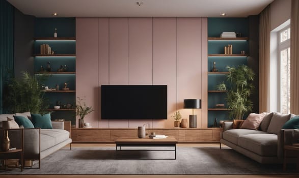 A spacious living room features two gray couches facing a large television mounted on a pale pink wall. The TV is positioned above a wooden entertainment center with a black lamp