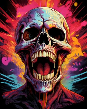 Horror theme skeleton screaming into the void. Creepy open-mouthed skull with abstract background. Nightmarish skull-like creature in vibrant, gory colors.