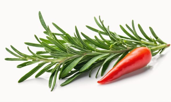 A red chili pepper and a sprig of rosemary lay side-by-side on a white background.