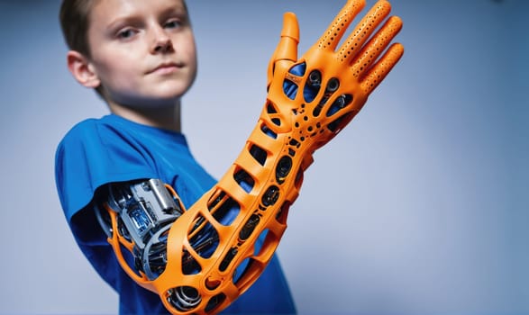 A young boy is wearing a 3D printed prosthetic arm. He is looking directly at the camera with a serious expression. The prosthetic arm is orange and has a complex design.
