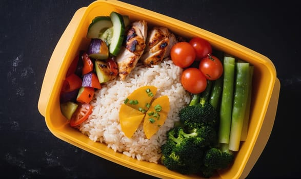 A yellow lunch container filled with a meal of grilled chicken, rice, broccoli, cucumber, tomatoes, and asparagus. The food is arranged in a colorful and appetizing manner.