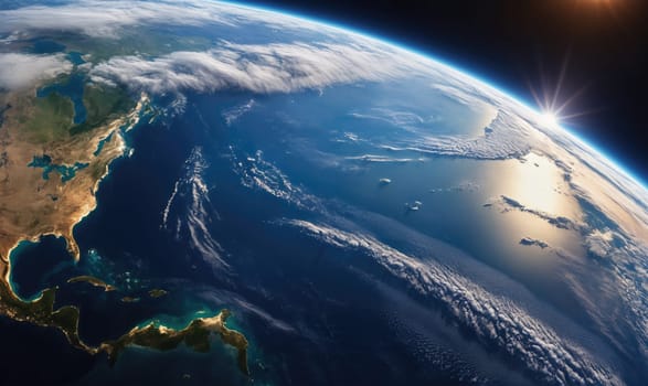 A panoramic view of Earth from space, showcasing the curvature of the planet. The sun is rising over the Atlantic Ocean, casting a warm glow on the clouds and the water