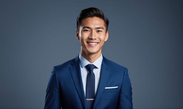A man with dark hair is wearing a blue suit and tie. He is smiling and looking directly at the camera. He is standing in front of a plain, light blue background.