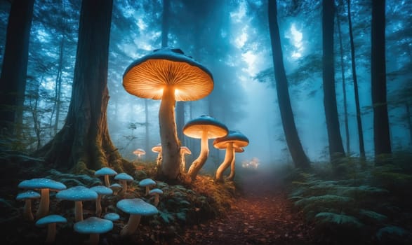 A path through a dense forest is lit by large, glowing mushrooms. The mushrooms are various sizes, and the largest one has an orange glow and a wide, flat cap