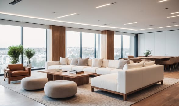 A modern living room with a large sectional sofa and large windows with views of a city