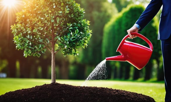 A person in a suit uses a red watering can to water a small tree that has just been planted. The sun shines brightly and there is green grass and foliage in the background.