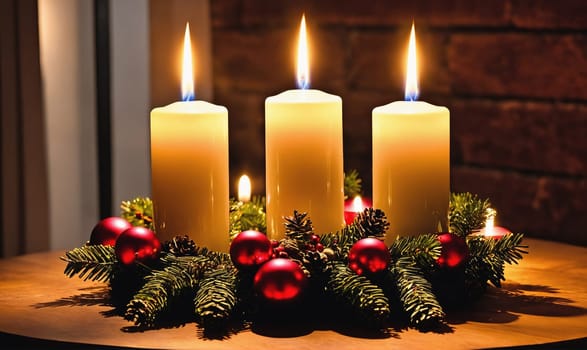 Three tall white candles are lit and placed in a wreath of pine branches and red ornaments on a wooden table. The candles are in focus and glowing brightly.