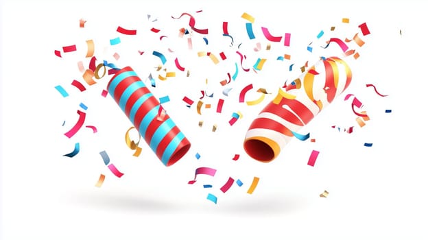 Two vibrant party poppers burst open, showering colorful confetti in the air, creating a lively atmosphere during a celebration filled with excitement and joy.