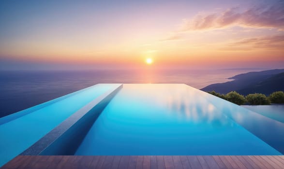 An infinity pool is perched high on a mountain overlooking a vast valley. The sun is setting over the distant mountains, casting a warm glow over the scene