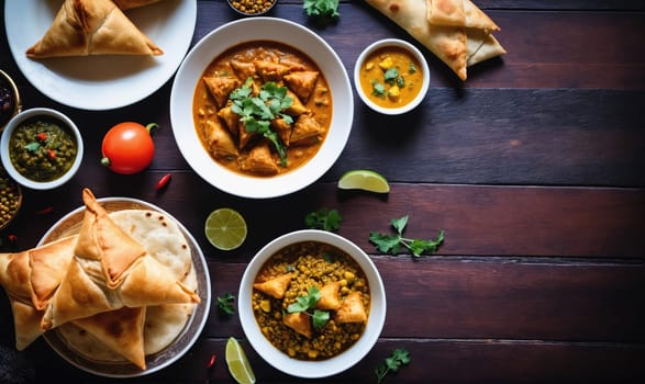 A table is set with various Indian dishes, including samosas, curries, and fresh herbs. A tomato, lime wedges, and cilantro sprigs are also visible. The background is a dark wooden table.
