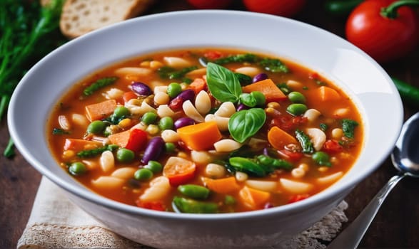 A white bowl filled with vegetable soup containing various ingredients, including peas, carrots, beans, pasta, and sweet potatoes. The soup is garnished with fresh basil leaves