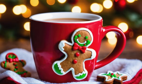 A red mug with a gingerbread man design is filled with a brown liquid. Two gingerbread cookies are placed beside the mug on a white napkin, with a festive blur of Christmas lights in the background.