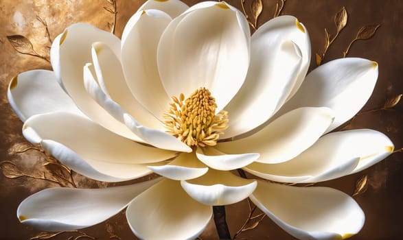 A close-up image of a white magnolia flower in bloom. The petals are delicate and soft, with a yellow center. The background is a rich gold color, adding a touch of elegance to the image.