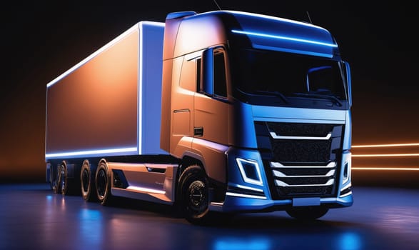 A modern, metallic semi-trailer truck is parked on a dark studio floor, illuminated by blue lights. The truck has a white trailer, and the cab is a dark blue color