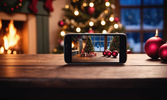 A smartphone sits on a wooden table, displaying a photo of a fireplace with a Christmas tree and gifts in the foreground