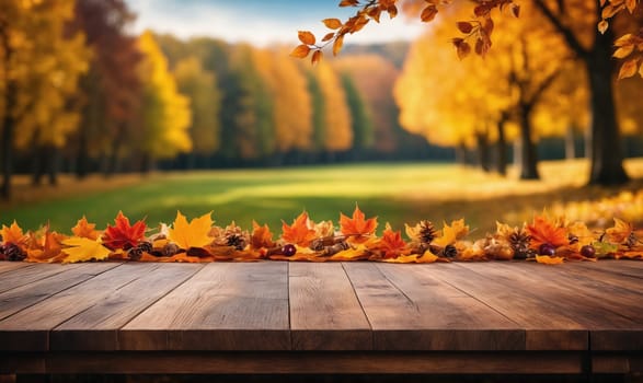An empty wooden table is placed in front of a blurred background of autumn trees, with fallen leaves and acorns scattered across the front.