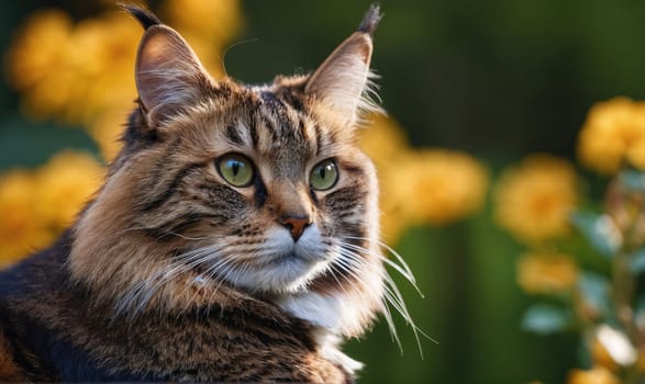 A cat with green eyes is sitting in front of a bunch of yellow flowers. The cat is looking at the camera with a curious expression. The scene has a peaceful and calming mood