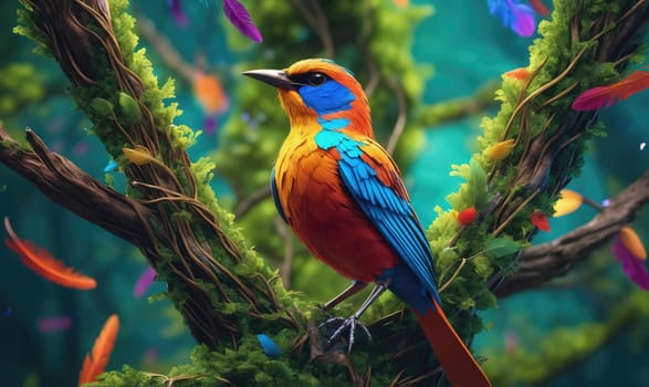A bright orange, blue, and red bird with a black beak and black legs is perched on a branch covered in green moss