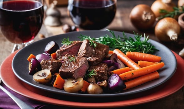 A black plate containing a meal of cooked beef, carrots, red onion, and mushrooms sits on top of a red plate. A glass of red wine is visible in the foreground.