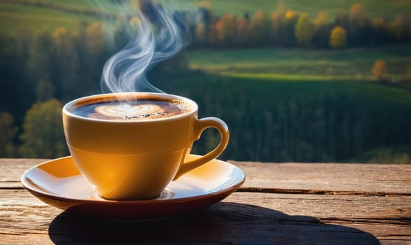 A cup of steaming coffee with a heart design in the foam rests on a saucer. The cup is yellow and sits on a wooden surface. The background is a blurry image of trees and a field.