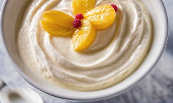 A white bowl filled with thick, swirling yogurt. The yogurt is topped with four orange slices and a few red raspberries. The bowl is sitting on a marble surface.