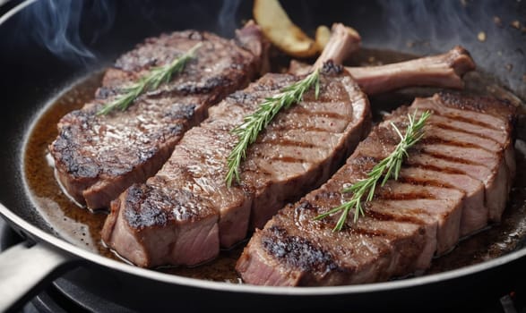 Three grilled steaks are cooking in a pan, with rosemary sprigs on top. The steaks are sizzling and there is steam coming off of them.