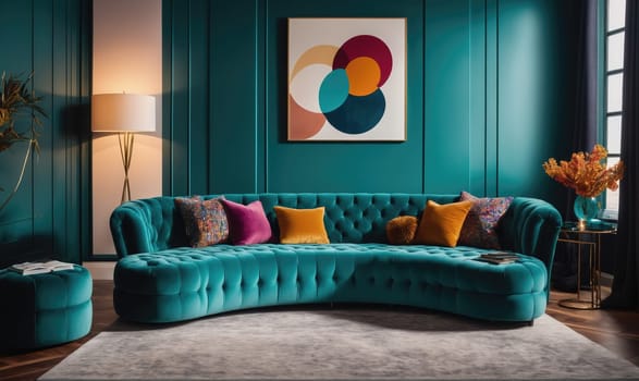 A curved teal velvet sofa with tufted buttons sits in a living room. The sofa has several pillows on it and is positioned in front of a white wall with a geometric painting