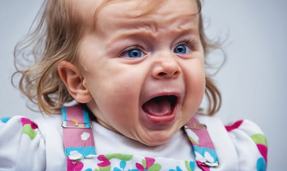 A young girl with blonde hair, wearing a white shirt with pink and blue straps, is making a loud, open-mouthed scream. Her blue eyes are wide open, and her expression is one of intense frustration.
