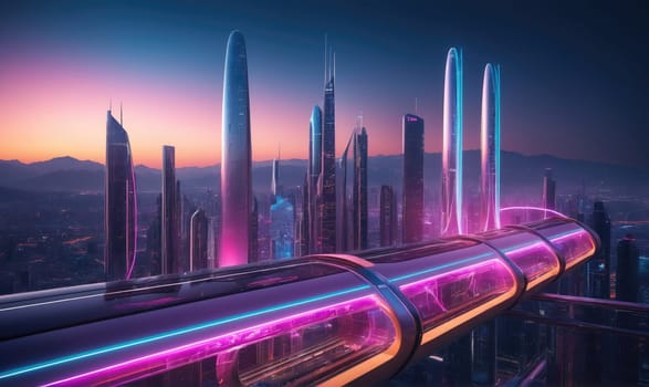 A futuristic city with tall skyscrapers and a glowing elevated train system. The train is traveling through the city at sunset, with the sky ablaze in shades of pink and purple.
