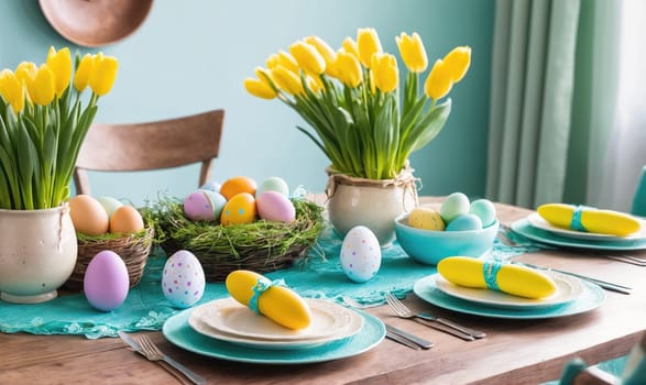 A wooden table is set for a spring holiday with blue placemats, white plates, and yellow napkins. There are several yellow tulips in a vase and colorful eggs in nests and bowls.