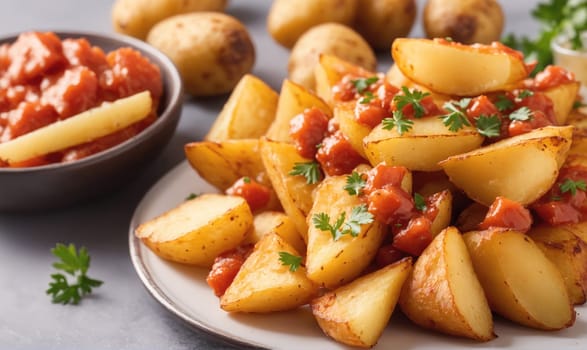 A white plate piled high with fried potato wedges covered in a vibrant red tomato sauce and a sprinkling of fresh parsley