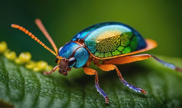 A close-up of a beetle with a blue, green, and gold iridescent exoskeleton on a green leaf. The beetle has orange legs and blue antennae.