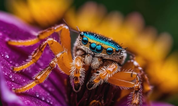 A close-up shot of a colorful jumping spider with a blue and green cephalothorax sitting on a purple flower petal with water droplets