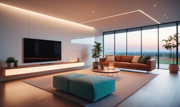A living room with a large, modern TV mounted above a long, white shelf, illuminated by lights. The room has a large, floor-to-ceiling window with a sunset view