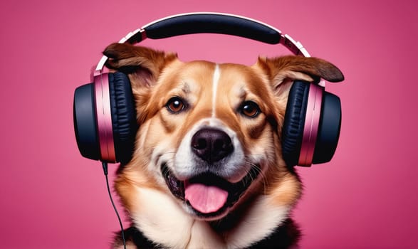 A dog is wearing black and pink headphones and smiling at the camera. The background is a bright pink.