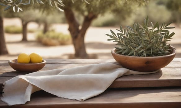 A wooden table with a linen napkin placed on top. A wooden bowl with a bunch of green olive branches sits on the table, to the left is a small wooden bowl with two yellow lemons