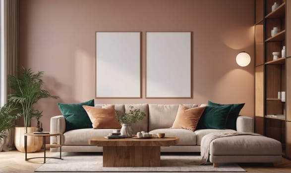 A modern living room with a sectional sofa, a wooden coffee table, and two framed pictures on a pale pink wall