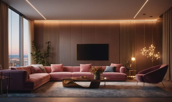 A large, modern living room with a large, pink sectional sofa that faces a window with views of a city skyline. There is a large, flat screen TV on the wall