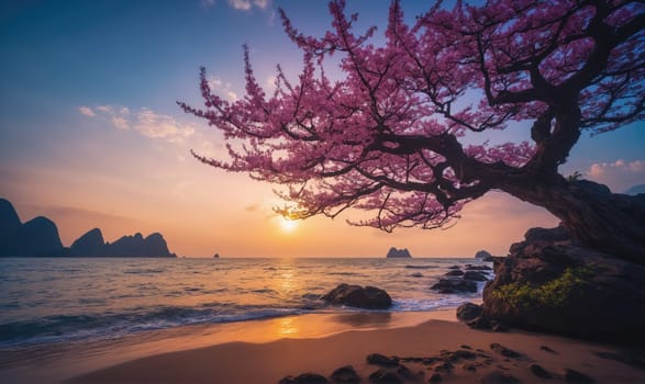 A tree with pink blossoms is in front of a body of water. The sky is a mix of blue and pink, and the sun is setting. The scene is peaceful and serene, with the tree providing a sense of calm