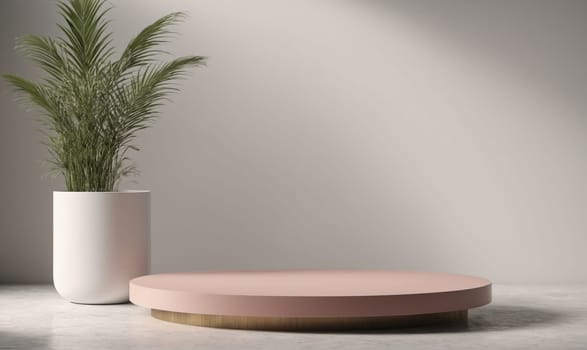 A pink pedestal sits in the foreground with a white pot containing a green leafy plant in the background