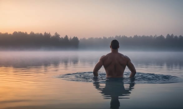 A man swims in a lake with a misty background. He is facing away from the camera, toward the horizon. The rising sun is casting an orange glow over the water. Trees line the opposite shore.