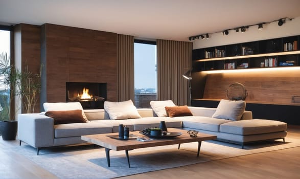 A modern living room with a large gray sectional sofa with white and brown pillows sits in front of a fireplace. A wooden coffee table with black legs sits in front of the sofa
