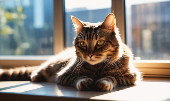 A tabby cat is lying on a windowsill, basking in the sunlight. Its paws are crossed in front of it, and its eyes are half closed.