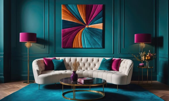A white curved sofa sits in a living room with teal walls and a matching rug. The sofa has several throw pillows in shades of pink and teal