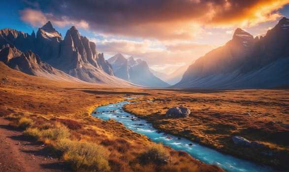 A river flows through a valley surrounded by mountains. The sun is setting behind the mountains, casting a golden glow on the landscape.