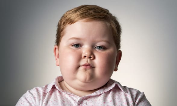 A young boy with a round face and red hair looks directly at the camera. He has a serious expression.