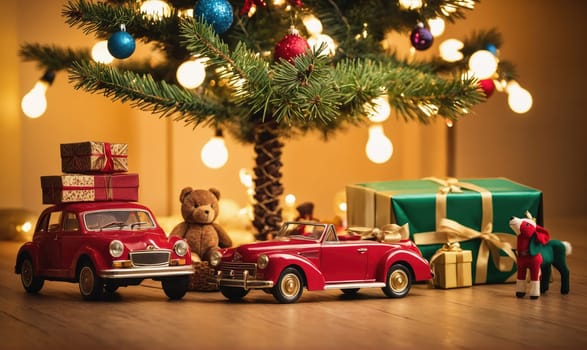 Two toy cars, a teddy bear, and several wrapped gifts sit under a Christmas tree with white lights. The larger car is red and a convertible