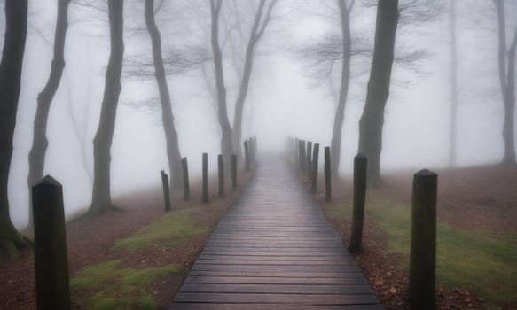 A wooden path is seen through a dense fog, stretching out towards the horizon. Trees line the path, their branches shrouded in mist.